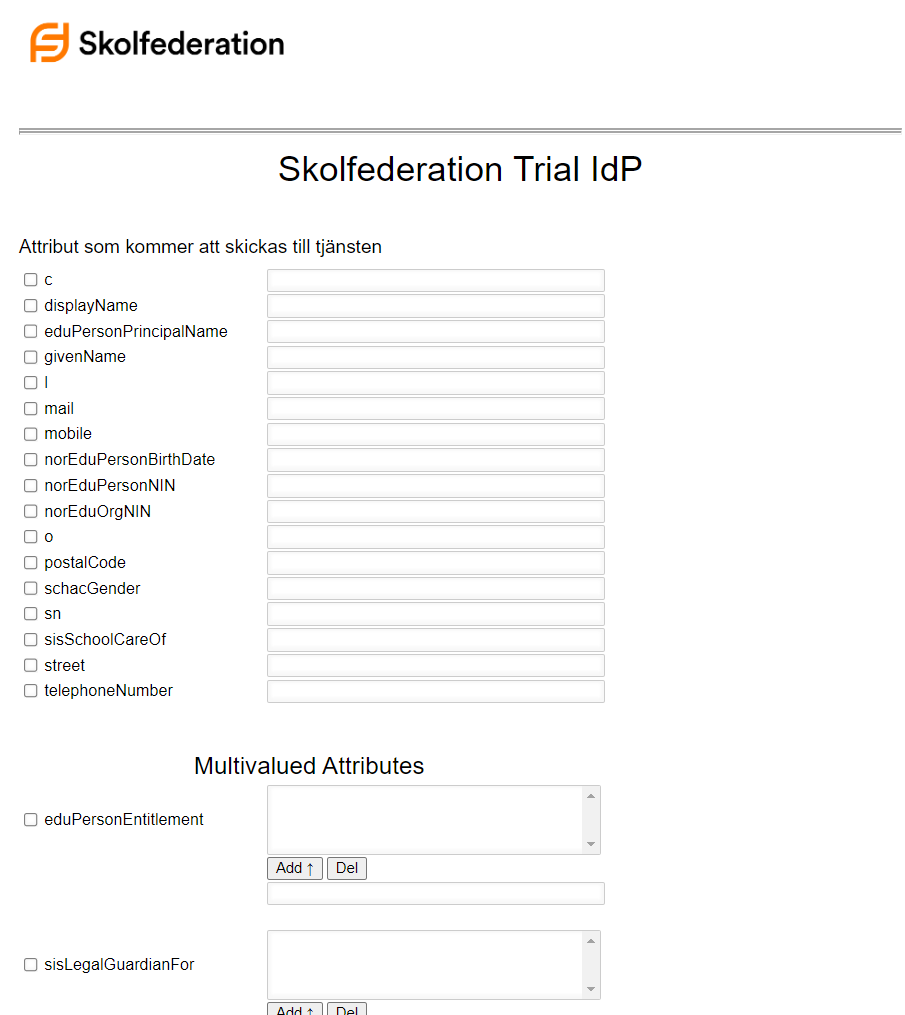 Skolfederation Trial test IdP, overview of the form