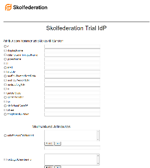 Skolfederation Trial test IdP, overview of the form